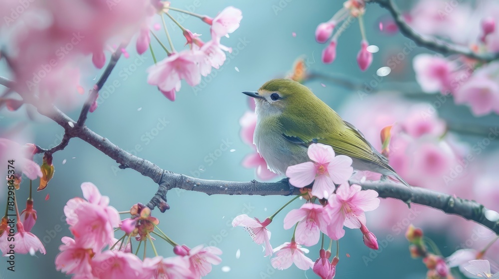 White eye bird on cherry tree branch image cropped to fit banner dimensions