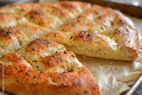 A freshly baked round focaccia bread