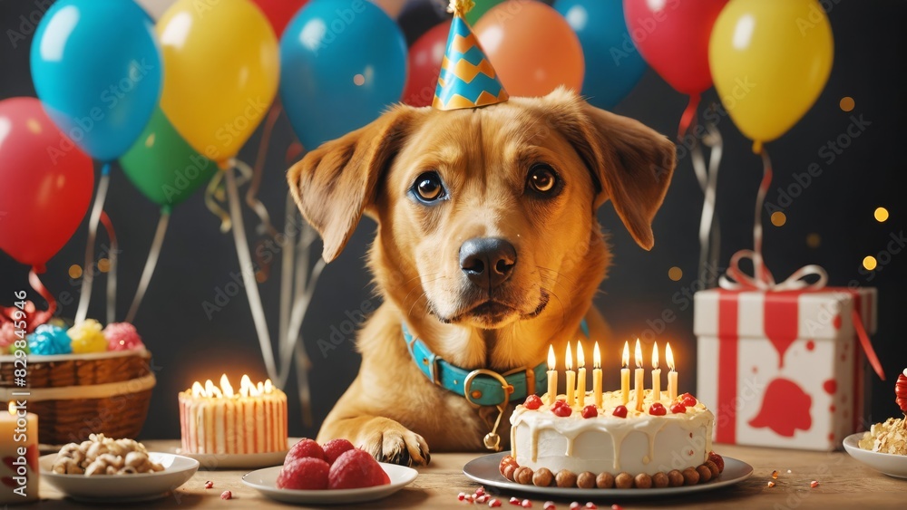 Adorable dog wearing a party hat, celebrating a birthday with a cake ...