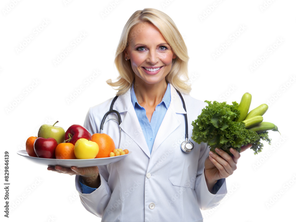 A cheerful female doctor holds a plate of fruits and greens, promoting healthy eating habits with a confident smile A cheerful female doctor holds a plate of fruits and greens, promoting healthy eating habits with a confident smile