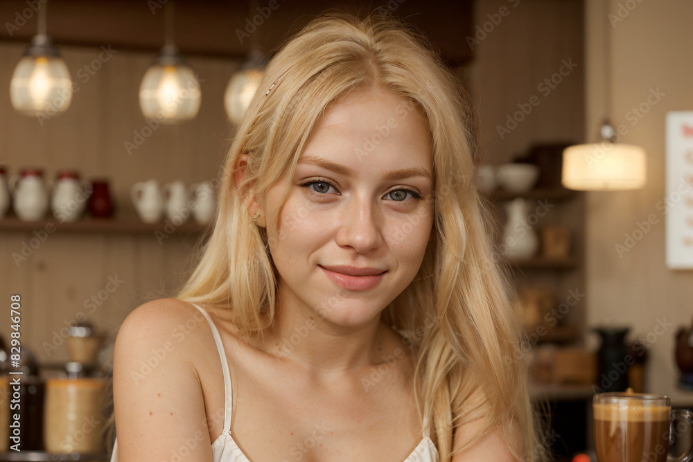 Beautiful smiling Caucasian woman with blonde hair wearing a white dress in a coffee shop neutral beige tones Beautiful smiling Caucasian woman with blonde hair wearing a white dress in a coffee shop neutral beige tones