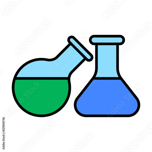 Laboratory set icon. Beakers, flasks, chemical solutions, experiments, research, scientific analysis, lab equipment, glassware, liquids, chemistry.