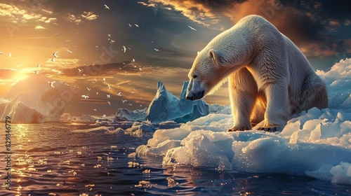 A majestic polar bear sitting on ice at sunset, surrounded by floating pieces of ice, in a serene Arctic landscape.
