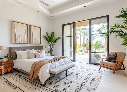 Master bedroom in luxury home with large bed, armchair and glass doors leading to patio area with lush landscaping in Arizona