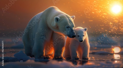 A tender moment between a polar bear and its cub as they walk on icy terrain with the golden glow of the setting sun behind them.