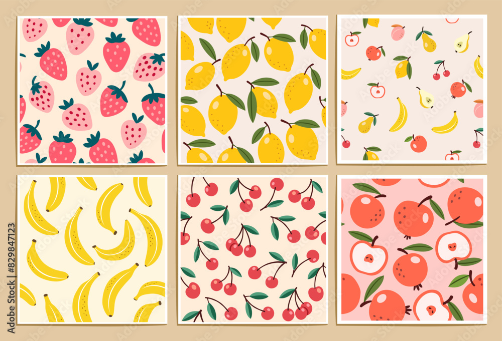 Fruits seamless patterns set. Vector flat illustrations of fruits and berries.