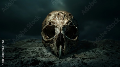 A dramatic, eerie owl skull sits against a dark, stormy background, evoking a sense of mystery and the macabre in this atmospheric photo. photo