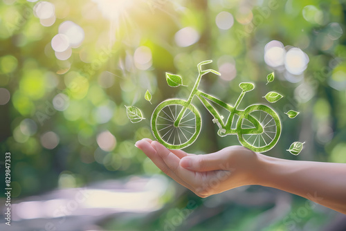 hand holding a bicycle icon with nature. concept eco friendly transportation. generative ai photo