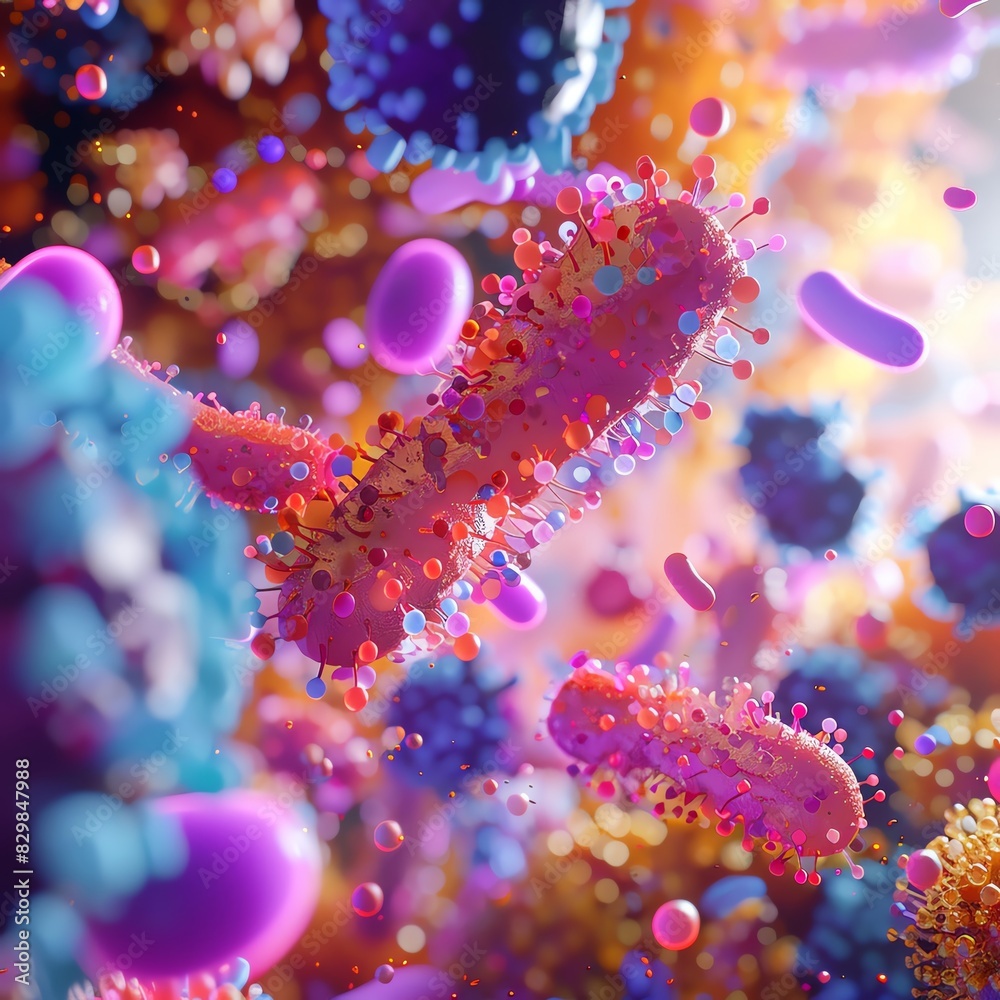 Fototapeta premium Colorful microscopic view of bacteria and microorganisms, showcasing vibrant, detailed textures in a vivid scientific illustration.