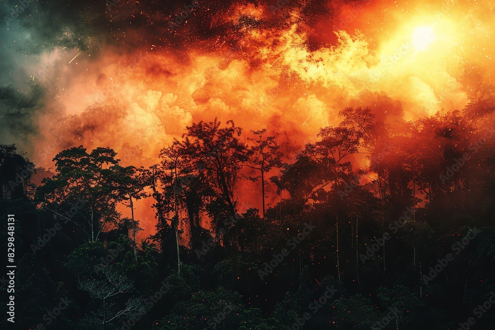 Dramatic imagery of a forest fire with intense flames and smoke engulfing the trees, creating a striking and powerful scene in nature.