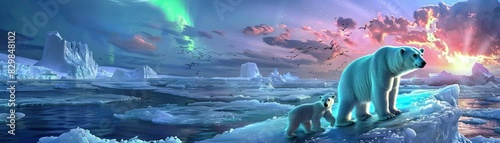 Polar bears traverse icy landscape under vibrant aurora borealis. Snow and ice reflect the magical colors of the sky in this Arctic scenery.