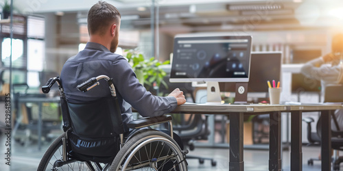 Disabled person using wheelchair in office environment. Man with disability working on his laptop in the office. Independence and adaptability in a modern work environment.