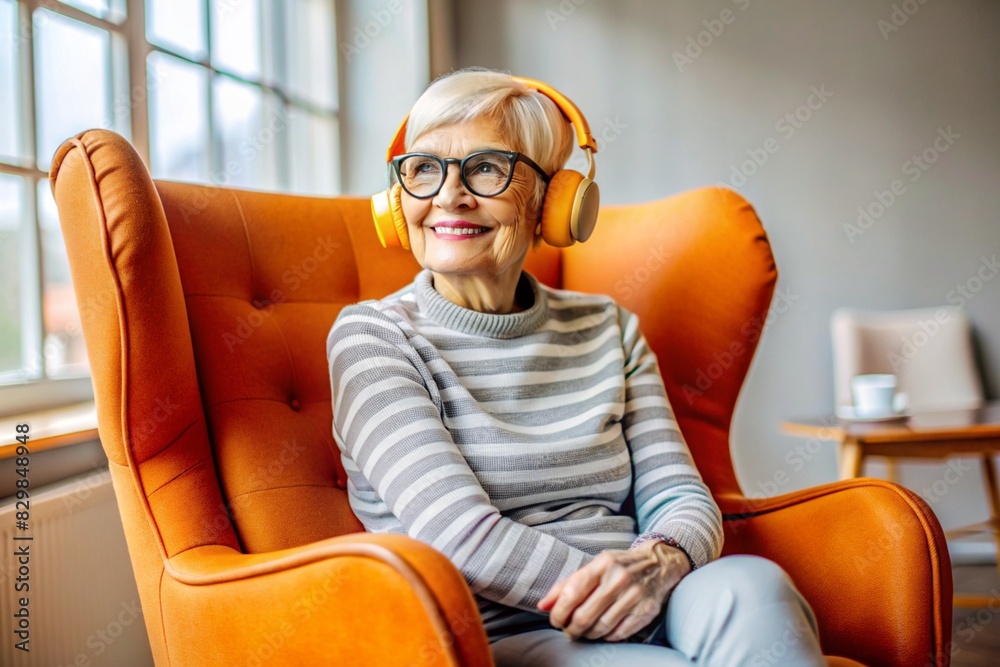 Music lover. A stylish, modern, happy elderly woman of 60-70 years old listens to music in large wireless headphones at home, on an armchair in the living room. Harmony, relaxation and relaxation. Music lover. A stylish, modern, happy elderly woman of 60-70 years old listens to music in large wireless headphones at home, on an armchair in the living room. Harmony, relaxation and relaxation.
