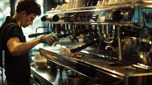 Barista Cleaning the Espresso Machine