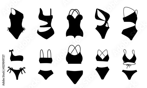 Set of various women' bikinis in black silhouette style isolated on white background for icons, webs, apps, banners 