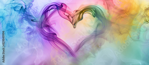 A heart formed by rainbow-colored smoke, ethereal and flowing, against a background that blends smoothly through a gradient of rainbow colors. photo