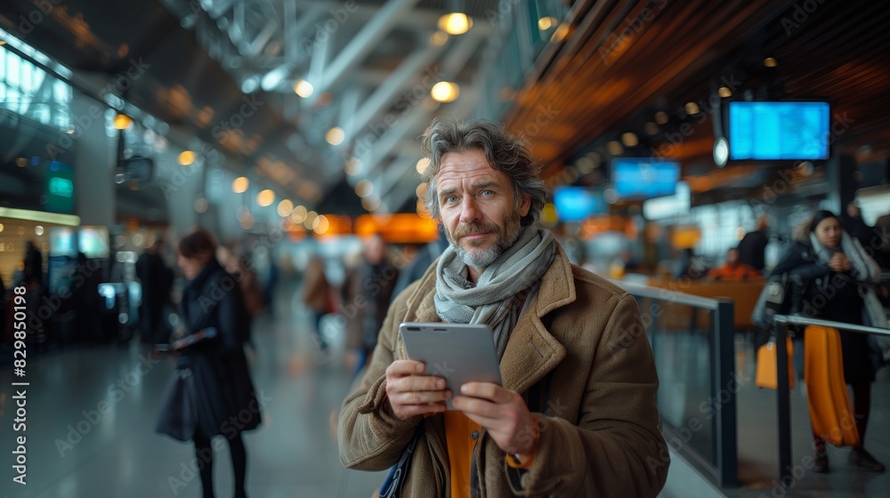 Middle-aged man in a coat and scarf checks his tablet at a busy airport