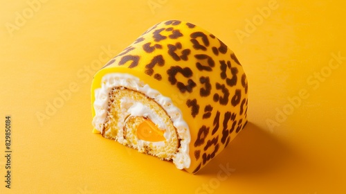 A close-up of a leopard print cake roll with a yellow background. The cake has a cream filling and a piece of fruit inside.