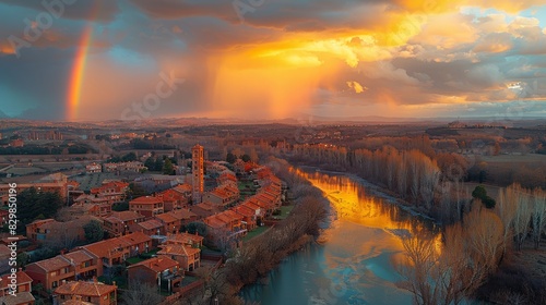 An ancient town is scenically located by a river with a striking rainbow appearing during a golden sunset photo