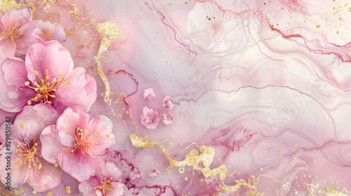 Watercolor illustration of pink flowers with gold foil accents