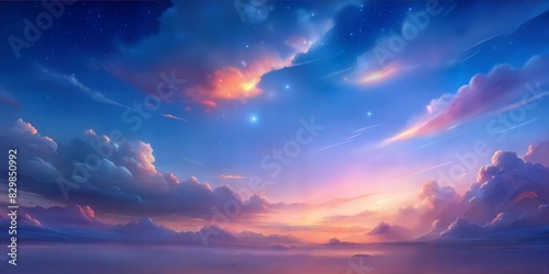 gently blue-pink sky, blurry beautiful clouds in the distance photo
