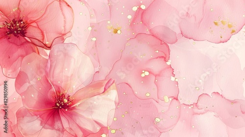 Watercolor illustration of pink flowers with gold foil accents