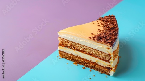 A slice of layered cake with cream and chocolate shavings on a pastel-colored background