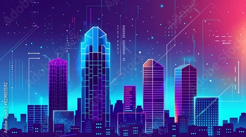 City lights at night. A digital illustration of a cityscape at night. The buildings are lit up in various colors, and the sky is dark with stars.