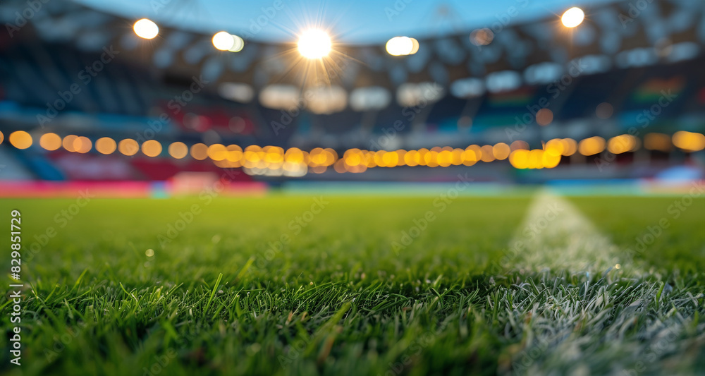 Fototapeta premium stadium lights at night with soccer pitch in the front