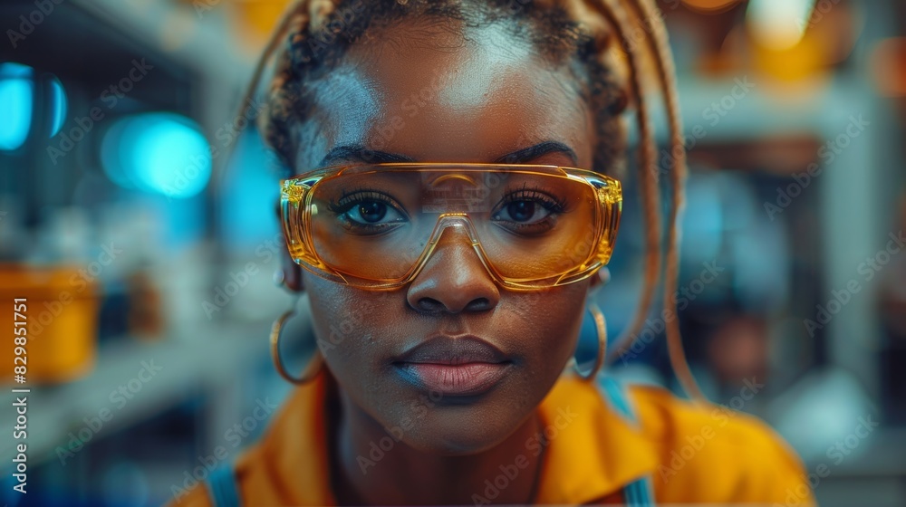 A striking up-close portrait of a woman wearing yellow safety goggles, exuding confidence and determination
