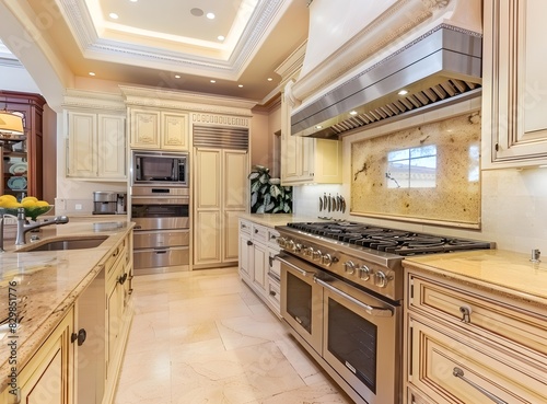 Beautiful kitchen in luxury home with stainless steel appliances and beige cabinets stock photo