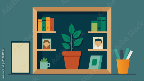 A small plant a framed family photo and a motivational quote all carefully p in a cubby hole creating a personalized and inspiring workspace for the student.. Vector illustration