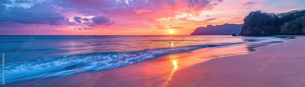 A stunning beach scene at sunset, the sky filled with vibrant hues of orange, pink, and purple as the sun dips below the horizon