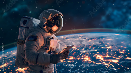 From profile view of astronaut holding tablet in hands in outer space