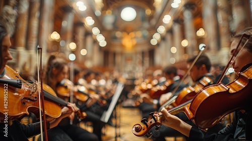 Close-up of violinists in an orchestra, bokeh background enhancing focus on instruments and performers photo