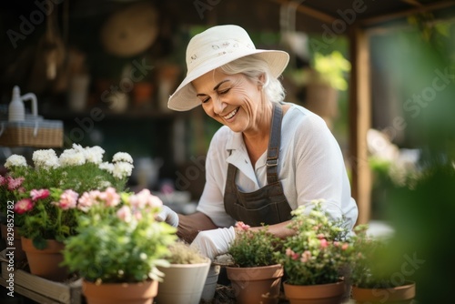 Mature woman florist working in her flower shop and smiling