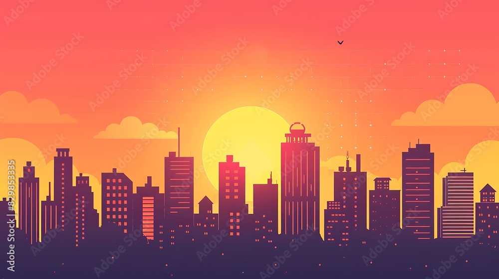 A beautiful sunset over a city. The warm colors of the sky and the sharp lines of the buildings create a striking contrast.