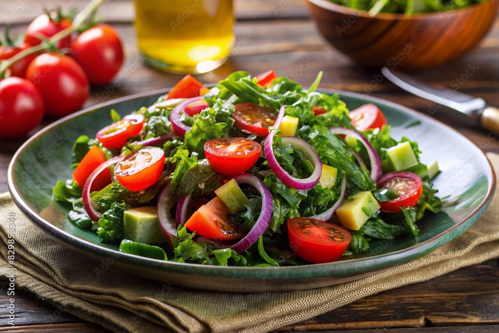 Healthy green salad with avocado, cherry, red onion and fresh vegetables with olive oil. Ai generated. Healthy green salad with avocado, cherry, red onion and fresh vegetables with olive oil. Ai generated.
