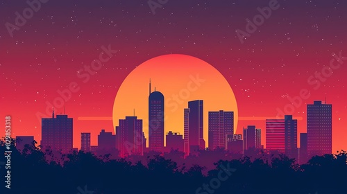 A beautiful sunset over a city. The warm colors of the sky and the city lights create a stunning scene.