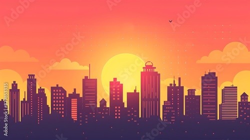 A beautiful sunset over a city. The warm colors of the sky and the sharp lines of the buildings create a striking contrast.