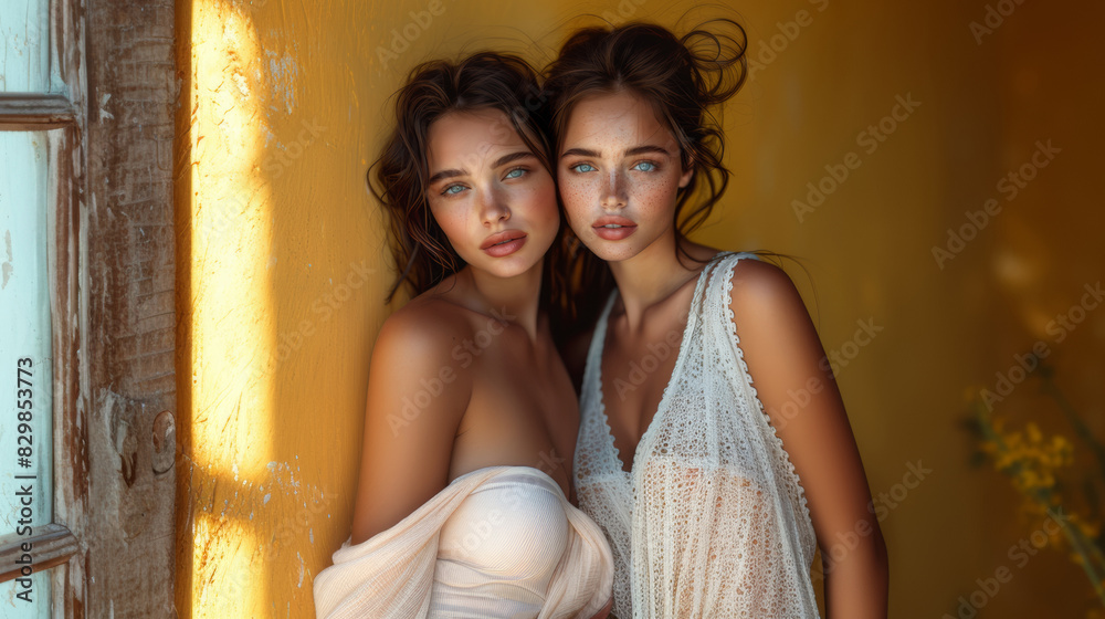 Fototapeta premium Two attractive women in lace dresses pose together by a rustic door bathed in warm sunlight