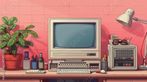 Create a minimalist digital illustration capturing cyber nostalgia. Highlight elements like early internet icons, dial-up modems, and initial social media platforms. Use a muted color palette and photo