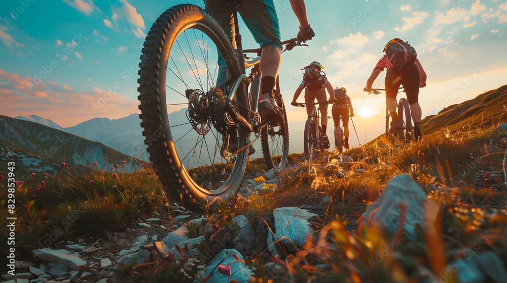 custom made wallpaper toronto digitalLow angle view of row of cross country bikers traveling in mountain landscape at sunset