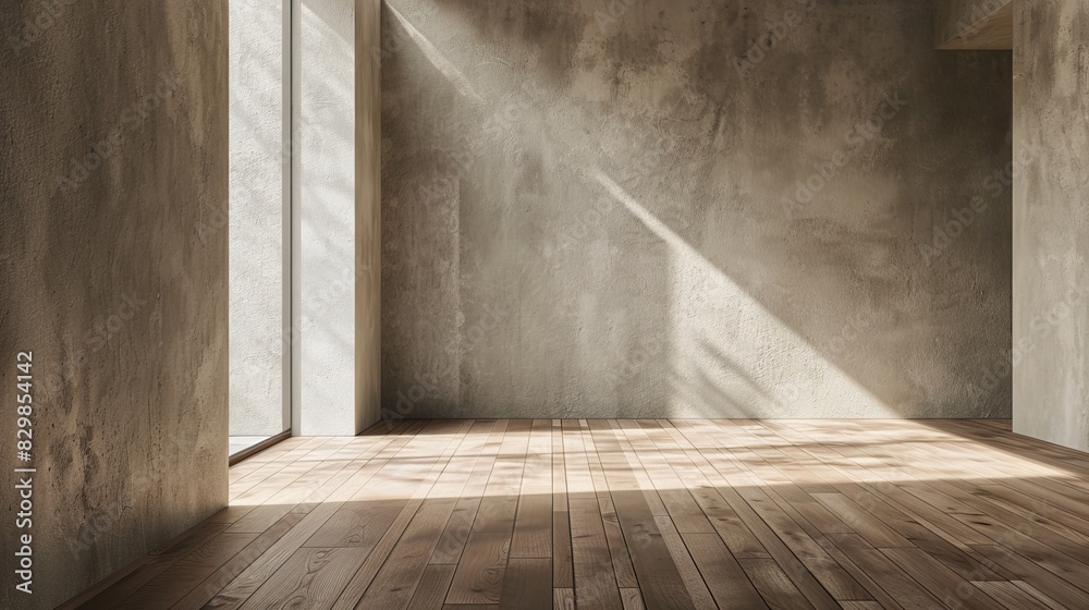 A minimalist empty room with concrete walls, large windows, and wooden flooring. Sunlight streams through the windows, casting shadows on the floor A minimalist empty room with concrete walls, large windows, and wooden flooring. Sunlight streams through the windows, casting shadows on the floor