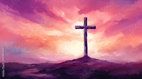 Silhouette of cross against colorful sky inspired deep spiritual faith, At sunset, reminding believers of Jesus Christ and profound essence of their religion amidst glowing light and drifting clouds. © AK528