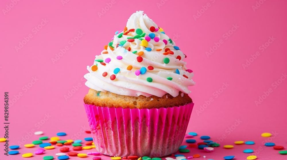 Creamy Cupcake with Colorful Sprinkles on Pink Background Creamy Cupcake with Colorful Sprinkles on Pink Background