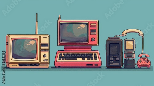 Create a minimalist digital artwork capturing retro technology from the early 2000s. Illustrate iconic gadgets such as flip phones, bulky laptops, and early MP3 players with clean lines and simple photo