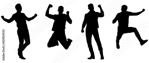 Silhouettes of Happy Men, Success, Happy Emotion, Win, Collection, Shadow, Jump, Celebration, Vector Illustration