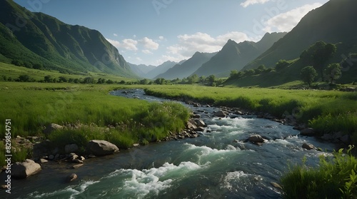  A beautiful green valley with a small river running through it and mountains in the background