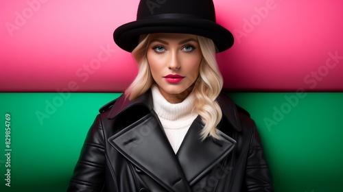 A stylish woman with blonde hair wearing a black hat, black leather jacket, and white turtleneck sweater poses against a vibrant pink and green background